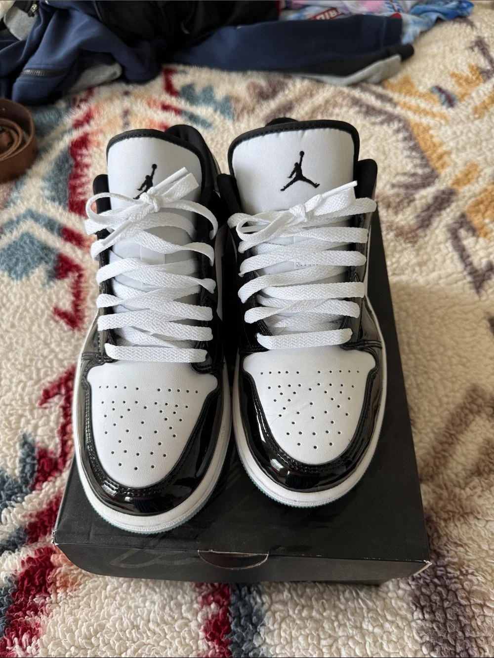 Jordan Black and White Low-Top Patent Leather Sneakers - Picture 1 of 6
